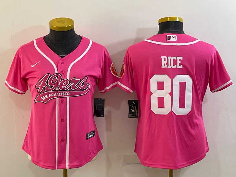 Womens San Francisco 49ers #80 Jerry Rice Pink With Patch Cool Base Stitched Baseball Jersey
